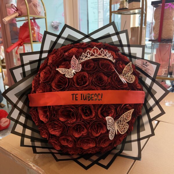 Buchet 51 trandafiri rosii cu sclipici glitter cadou de lux aniversare flori care nu se ofilesc